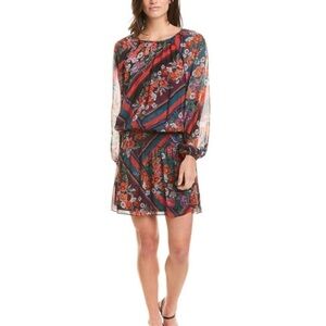 PARKER Christina Floral print Blouson Long sleeve Dress Madison Stripe Sz M NEW